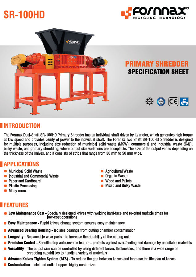 SR-100HD Preshredder specification sheet image